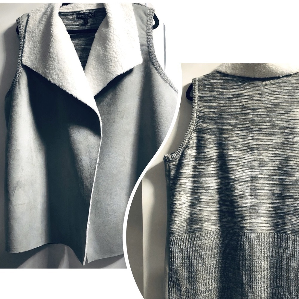 Plus size 3X  Soft Grey Faux Shearling Suede Front, Knit Sweater back Vest